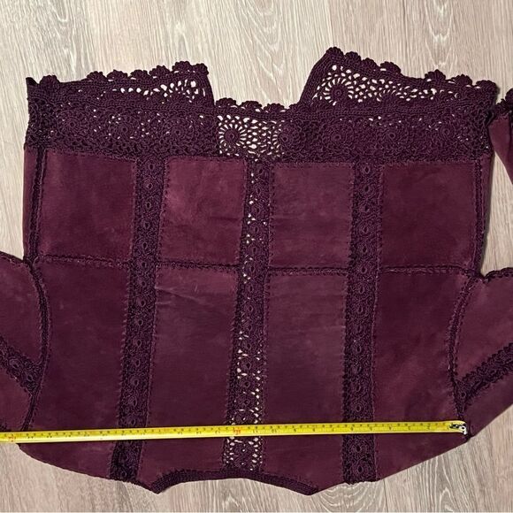 90s 70s Suede Crochet Patch Plum Boho Lagenlook Open Oversized Jacket M Xl Vtg - Picture 8 of 9